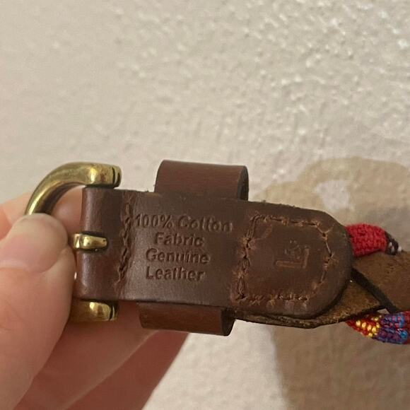 Colorful Womens Leather Belt, Rainbow Cotton Pattern Woven w/ Brown, Size L - Picture 4 of 6